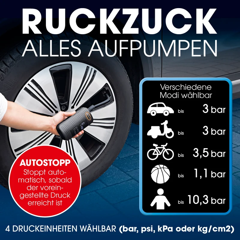 EASYmaxx Akku-Handkompressor - für Fahrrad, Auto & Bälle - mit Display - USB