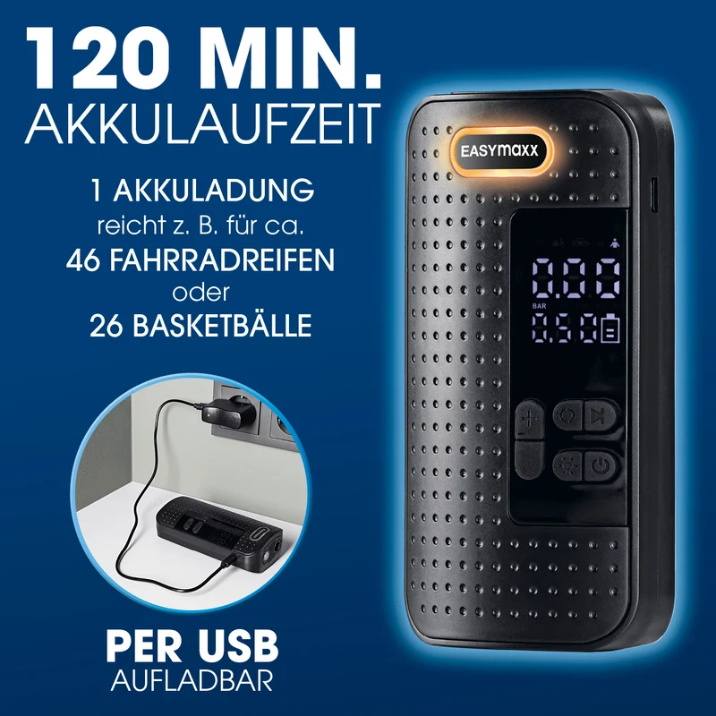 EASYmaxx Akku-Handkompressor - für Fahrrad, Auto & Bälle - mit Display - USB