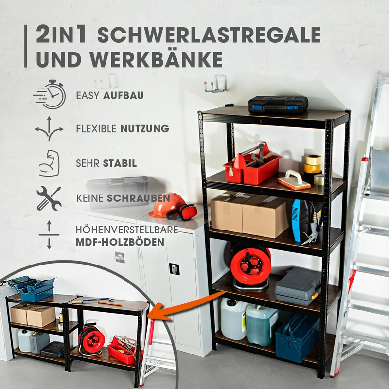 EASYmaxx 2 in 1 Schwerlastregal & Werkbank, 180 x 90 x 40 cm - 875 kg Traglast