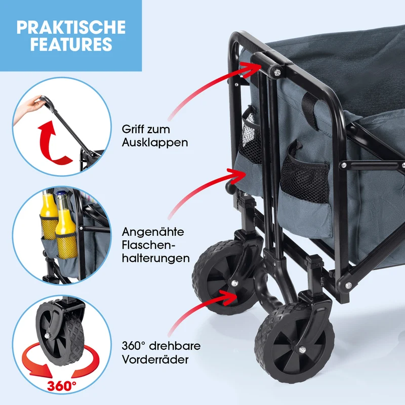 EASYmaxx Klapp-Bollerwagen, belastbar bis 80kg - Getränkehalter, 360°Vorderräder