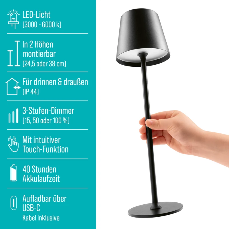 EASYmaxx LED-Akku-Tischleuchte - in- & outdoor, kabellos & warmweiß, mit Dimmer