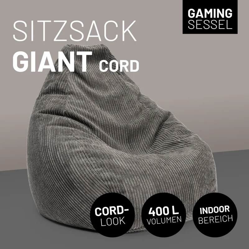 LUMALAND Sitzsack GIANT aus der Cord-Reihe, 135 x 100 cm - Bezug soft & waschbar - Grau
