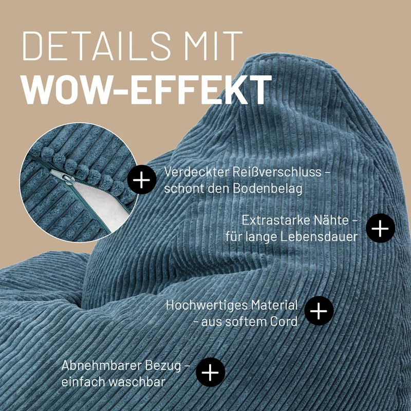 LUMALAND Sitzsack GIANT aus der Cord-Reihe, 135 x 100 cm - Bezug soft & waschbar - Navyblau