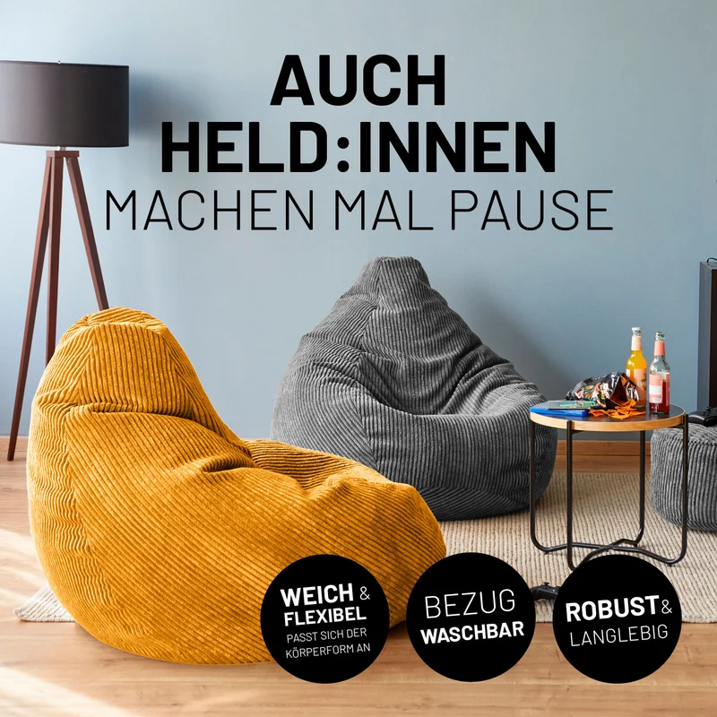 LUMALAND Sitzsack GIANT aus der Cord-Reihe, 135 x 100 cm - Bezug soft & waschbar - Senfgelb