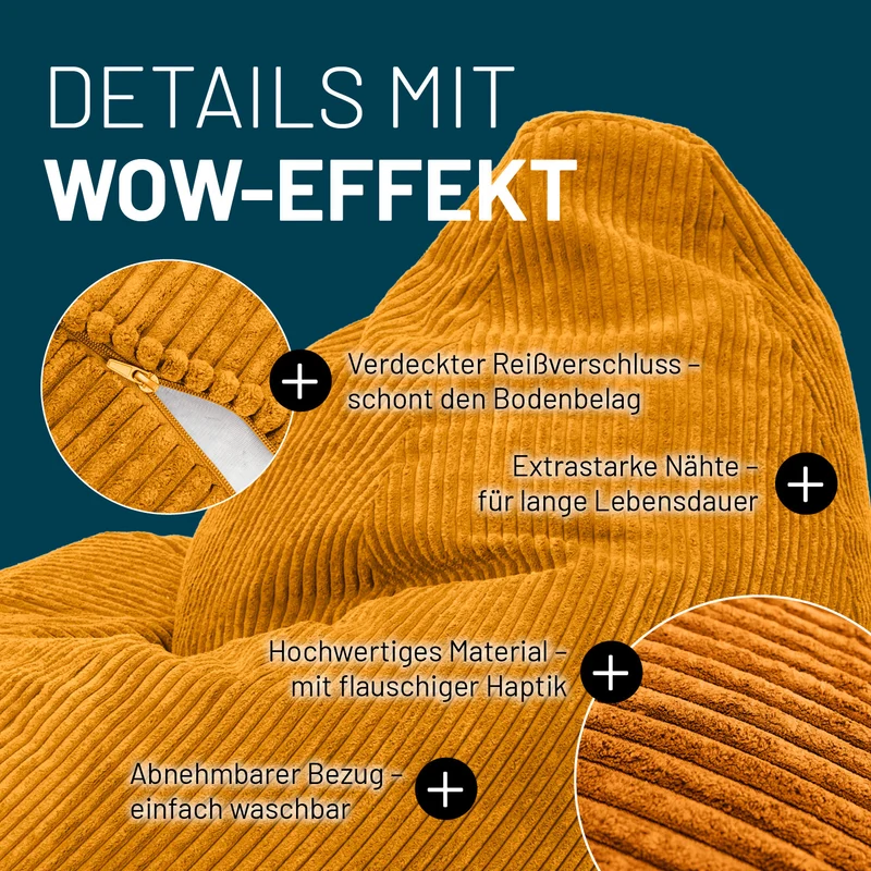 LUMALAND Sitzsack GIANT aus der Cord-Reihe, 135 x 100 cm - Bezug soft & waschbar - Senfgelb