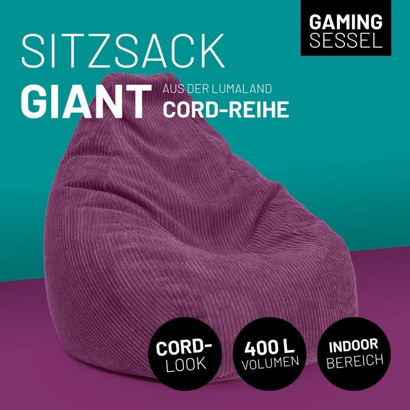 LUMALAND Sitzsack GIANT aus der Cord-Reihe, 135 x 100 cm - Bezug soft & waschbar - Weinrot
