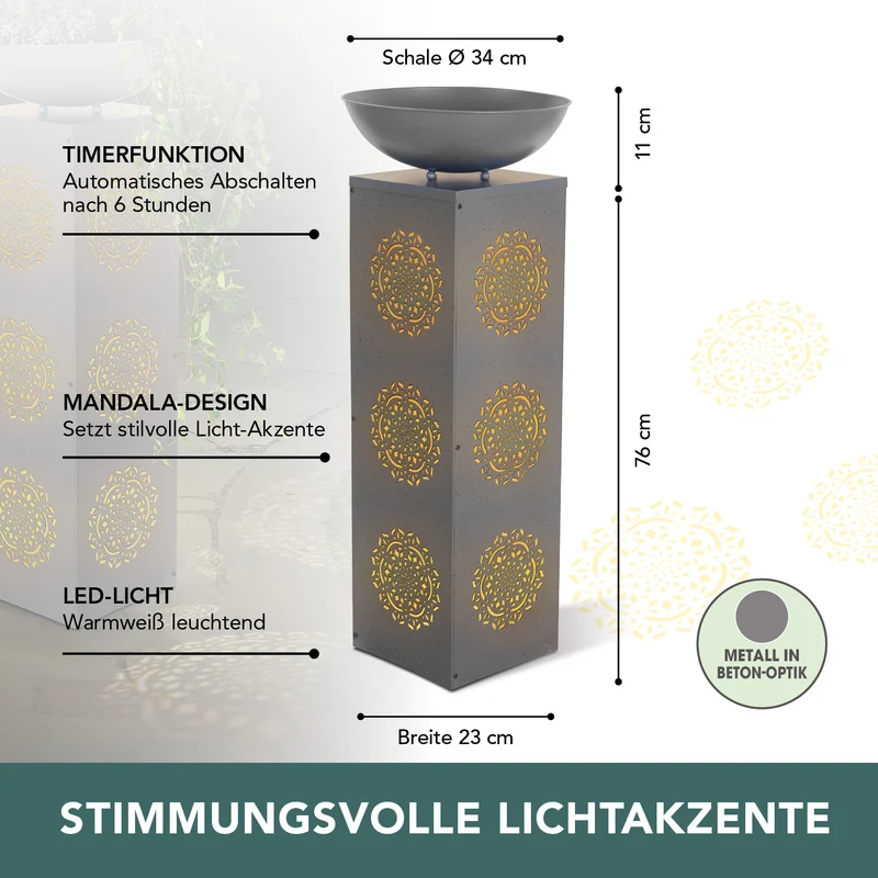 EASYmaxx LED-Dekosäule Beton-Optik mit Pflanzschale Mandala - 87 cm - Grau