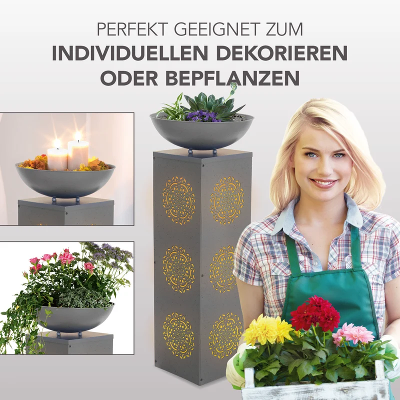 EASYmaxx LED-Dekosäule Beton-Optik mit Pflanzschale Mandala - 87 cm - Grau