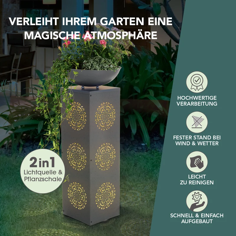EASYmaxx LED-Dekosäule Beton-Optik mit Pflanzschale Mandala - 87 cm - Grau