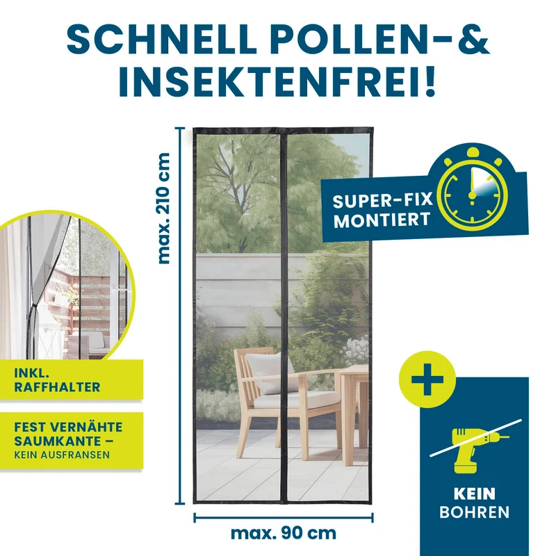 HOBERG Insekten- & Pollenschutzvorhang mit XXL-Magnetbändern – 90 x 210 cm