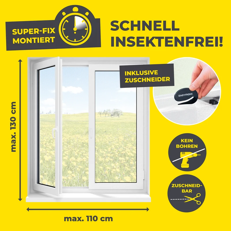 EASYmaxx Moskitonetz für Fenster bis 110 x 130 cm - selbstklebendes Klettband