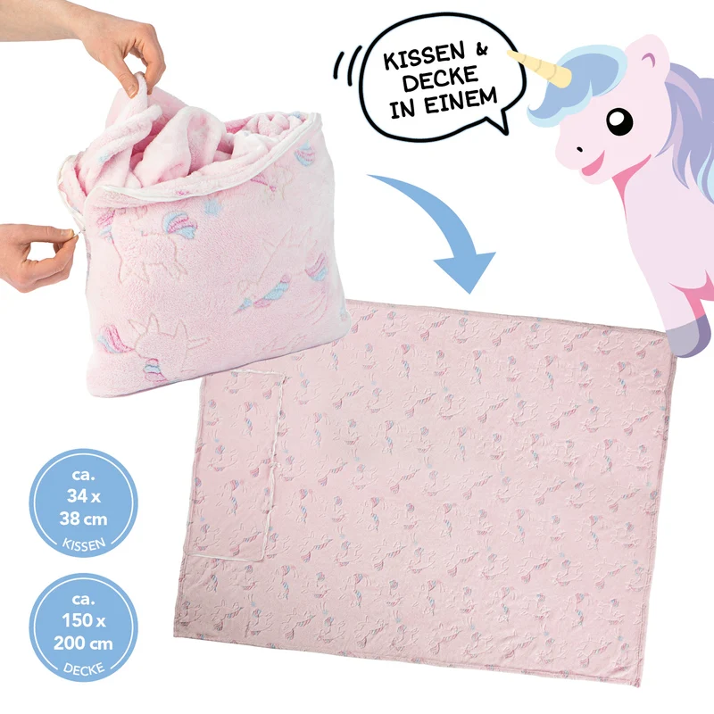 MAXXMEE Verwandlungskissen Glow in the dark Kissen Kopfkissen Fleecedecke 2in1 unterwegs Auto Reise Camping Flugzeug Dino Sterne Einhorn leuchtend