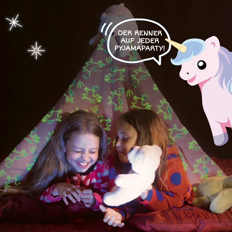 MAXXMEE Verwandlungskissen Glow in the dark Kissen Kopfkissen Fleecedecke 2in1 unterwegs Auto Reise Camping Flugzeug Dino Sterne Einhorn leuchtend
