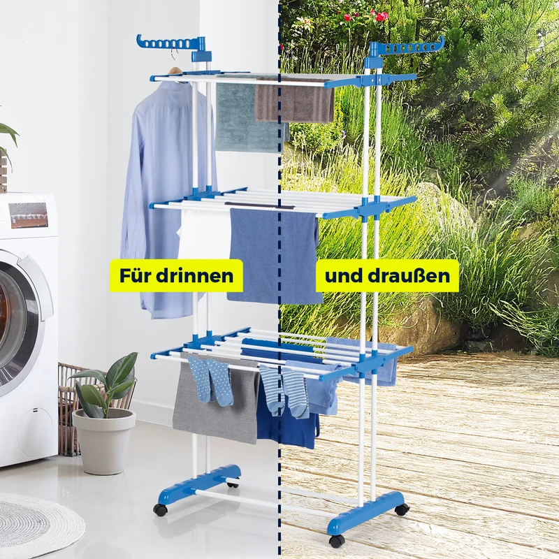 EASYmaxx Wäsche-Tower 1600 mit Rollen, 3 Etagen & 2 Seitenflügeln für 14 Bügel