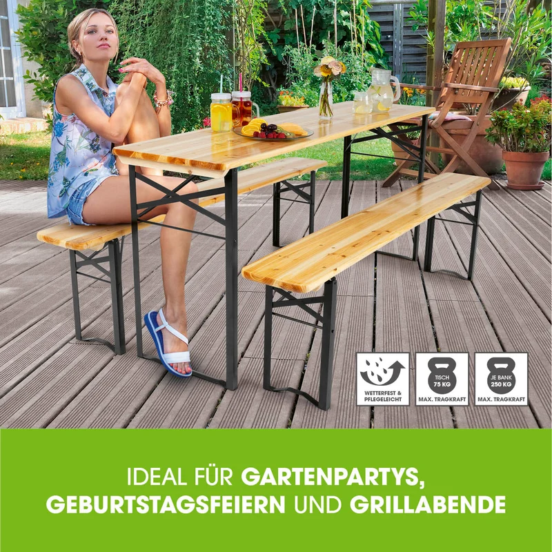EASYmaxx Bierzeltgarnitur Set (1 Tisch mit 2 Sitzbänken) - 170 cm - holzfarben/schwarz