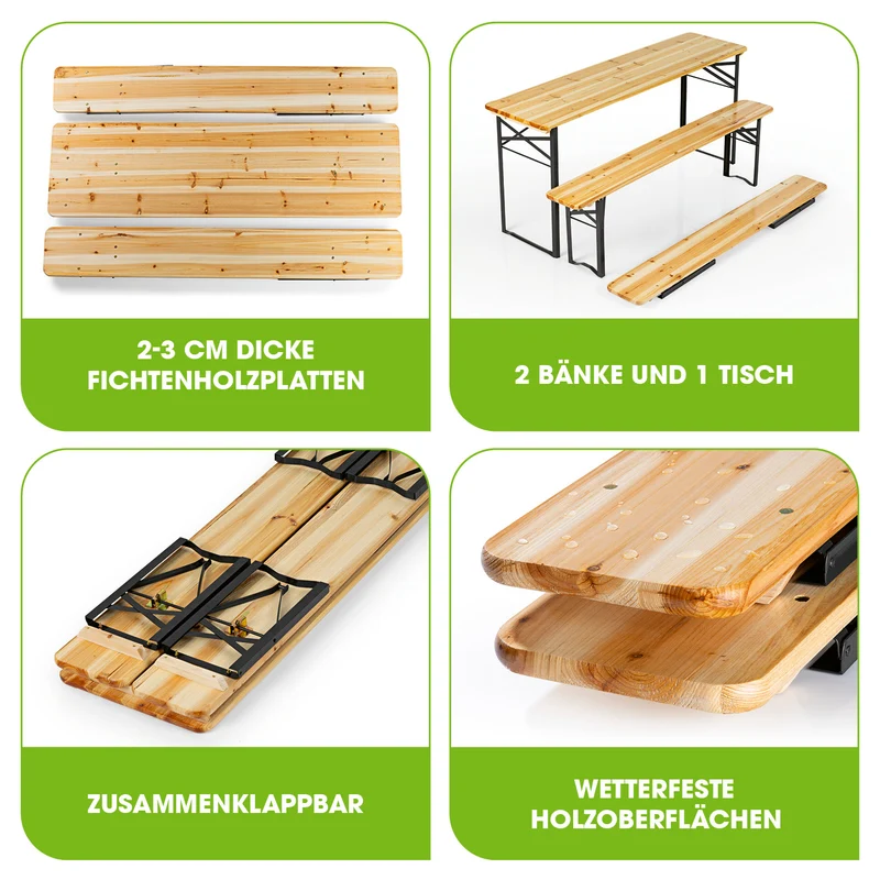 EASYmaxx Bierzeltgarnitur Set (1 Tisch mit 2 Sitzbänken) - 170 cm - holzfarben/schwarz