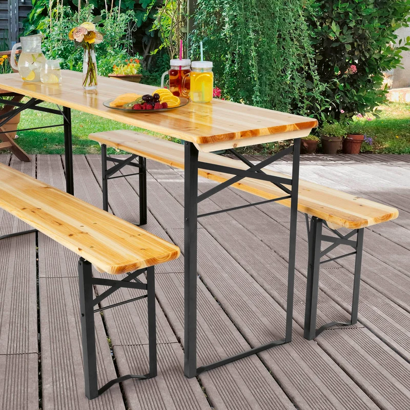 EASYmaxx Bierzeltgarnitur Set (1 Tisch mit 2 Sitzbänken) - 170 cm - holzfarben/schwarz
