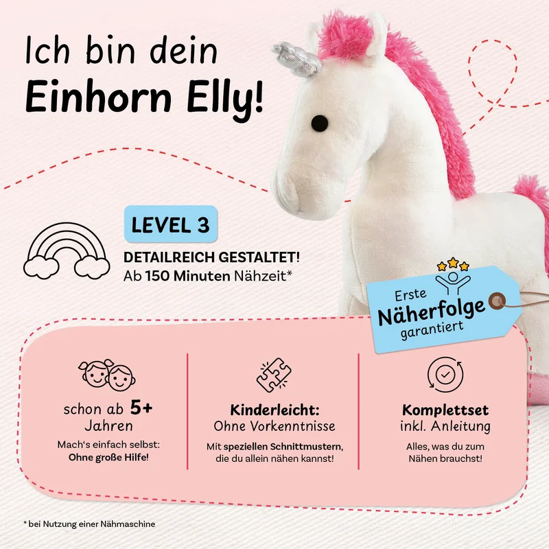 cuci cuci Näh-Baukastenset Motiv: Einhorrn Elly | Erste Näherfolge garantiert für Kinder ab 5 Jahren, Komplettset mit allem, was Du zum Nähen brauchst