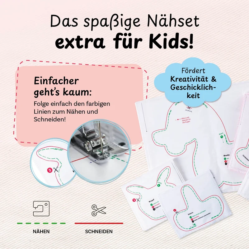 cuci cuci Näh-Baukastenset Motiv: Einhorrn Elly | Erste Näherfolge garantiert für Kinder ab 5 Jahren, Komplettset mit allem, was Du zum Nähen brauchst