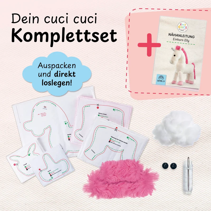 cuci cuci Näh-Baukastenset Motiv: Einhorrn Elly | Erste Näherfolge garantiert für Kinder ab 5 Jahren, Komplettset mit allem, was Du zum Nähen brauchst