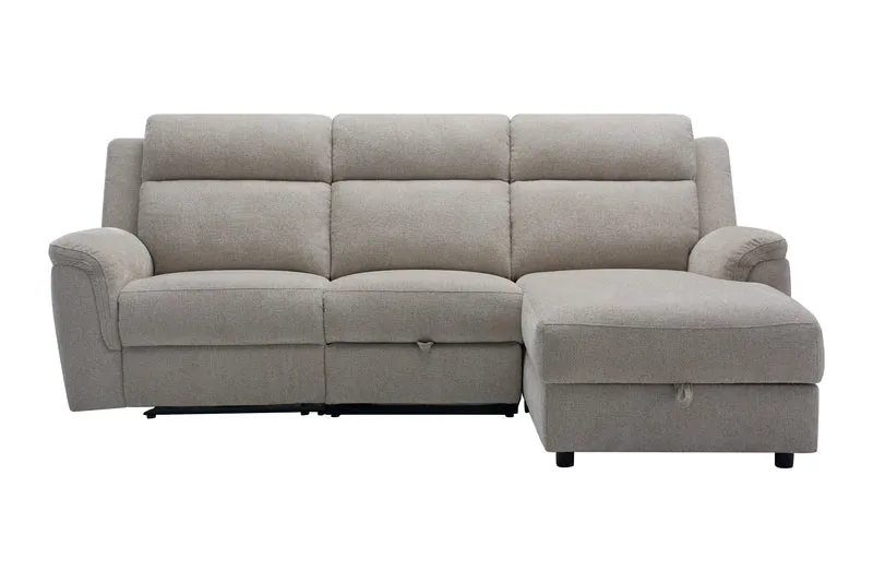3 Seater Chaise with end electric recliner, centre seat with drawer & storage chaise