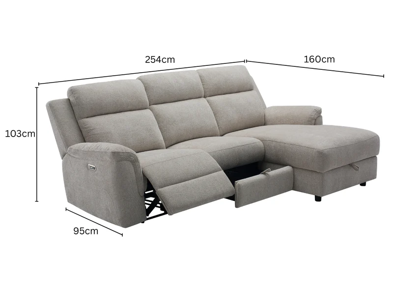 3 Seater Chaise with end electric recliner, centre seat with drawer & storage chaise