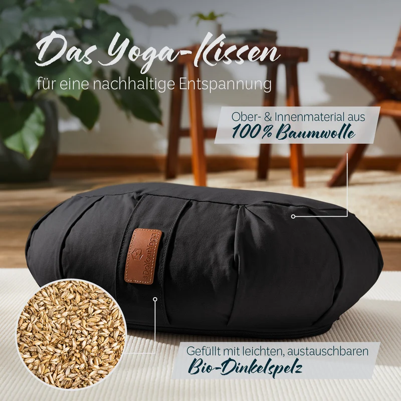 #DoYourYoga Yoga-Kissen Ganesh - gefüllt mit Bio-Dinkelspelz - Halbmond 45 x 30 x 14 cm - Schwarz