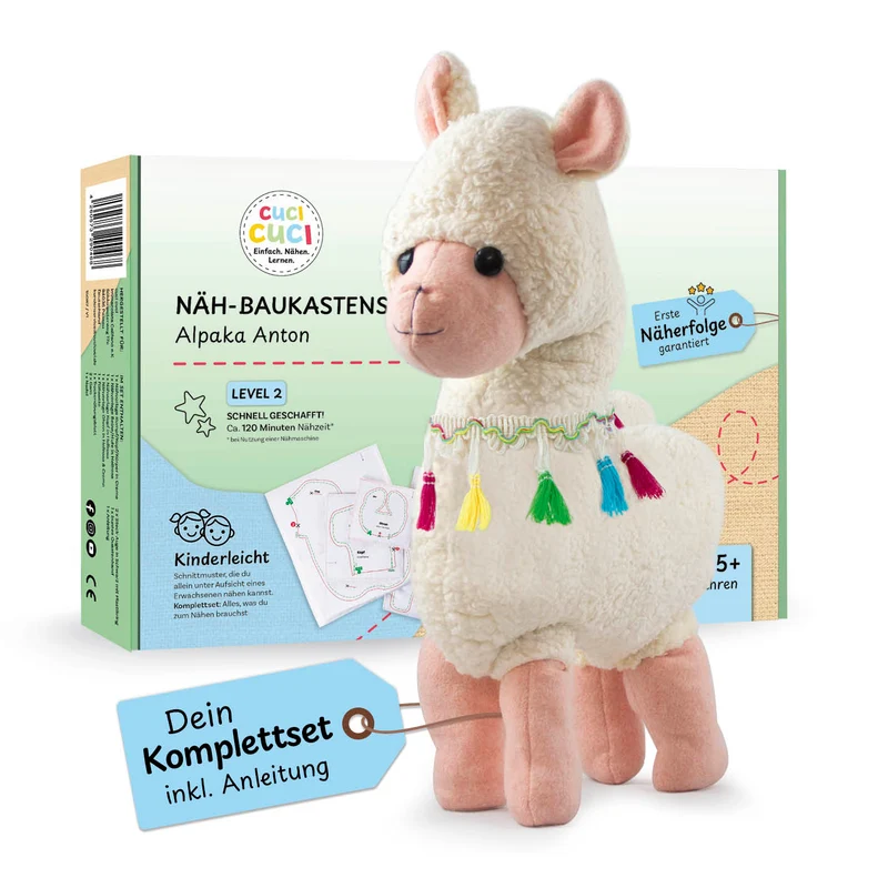 cuci cuci Näh-Baukastenset Motiv: Alpaka Anton | Erste Näherfolge garantiert für Kinder ab 5 Jahren, Komplettset mit allem, was Du zum Nähen brauchst