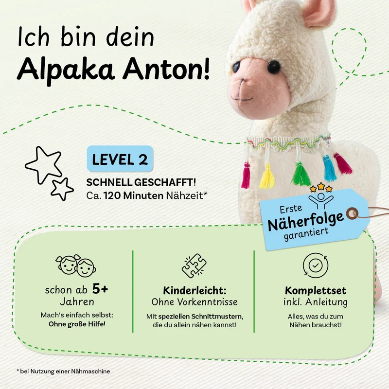 cuci cuci Näh-Baukastenset Motiv: Alpaka Anton | Erste Näherfolge garantiert für Kinder ab 5 Jahren, Komplettset mit allem, was Du zum Nähen brauchst