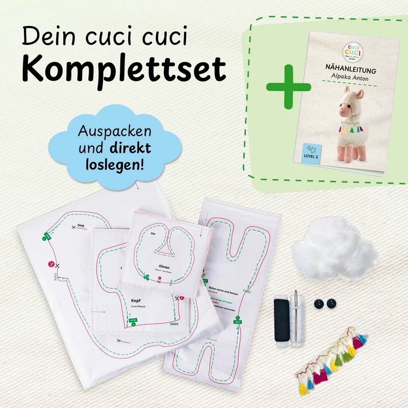 cuci cuci Näh-Baukastenset Motiv: Alpaka Anton | Erste Näherfolge garantiert für Kinder ab 5 Jahren, Komplettset mit allem, was Du zum Nähen brauchst