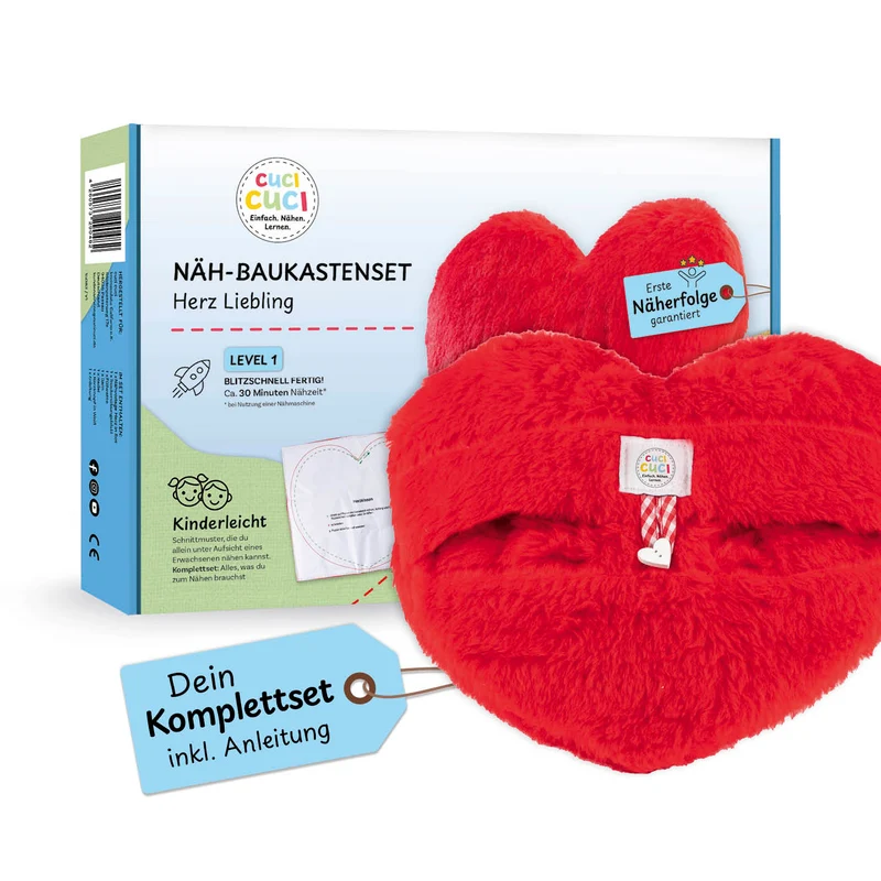 cuci cuci Näh-Baukastenset Motiv: Herz Liebling | Erste Näherfolge garantiert für Kinder ab 5 Jahren, Komplettset mit allem, was Du zum Nähen brauchst