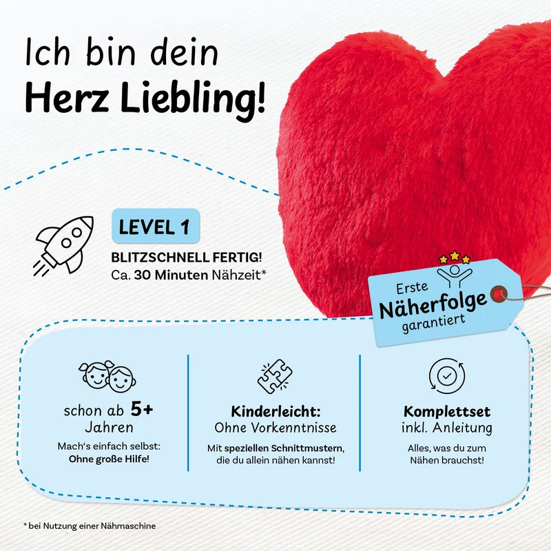 cuci cuci Näh-Baukastenset Motiv: Herz Liebling | Erste Näherfolge garantiert für Kinder ab 5 Jahren, Komplettset mit allem, was Du zum Nähen brauchst