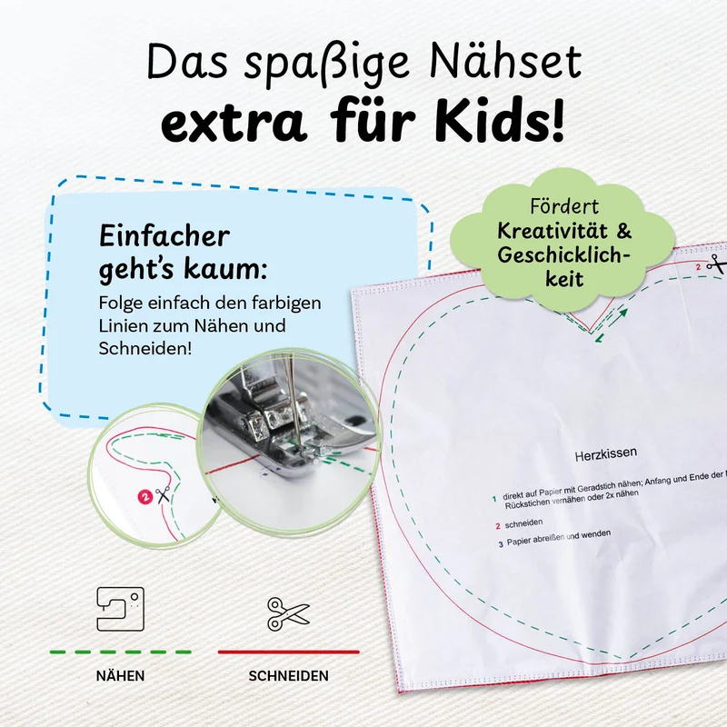 cuci cuci Näh-Baukastenset Motiv: Herz Liebling | Erste Näherfolge garantiert für Kinder ab 5 Jahren, Komplettset mit allem, was Du zum Nähen brauchst