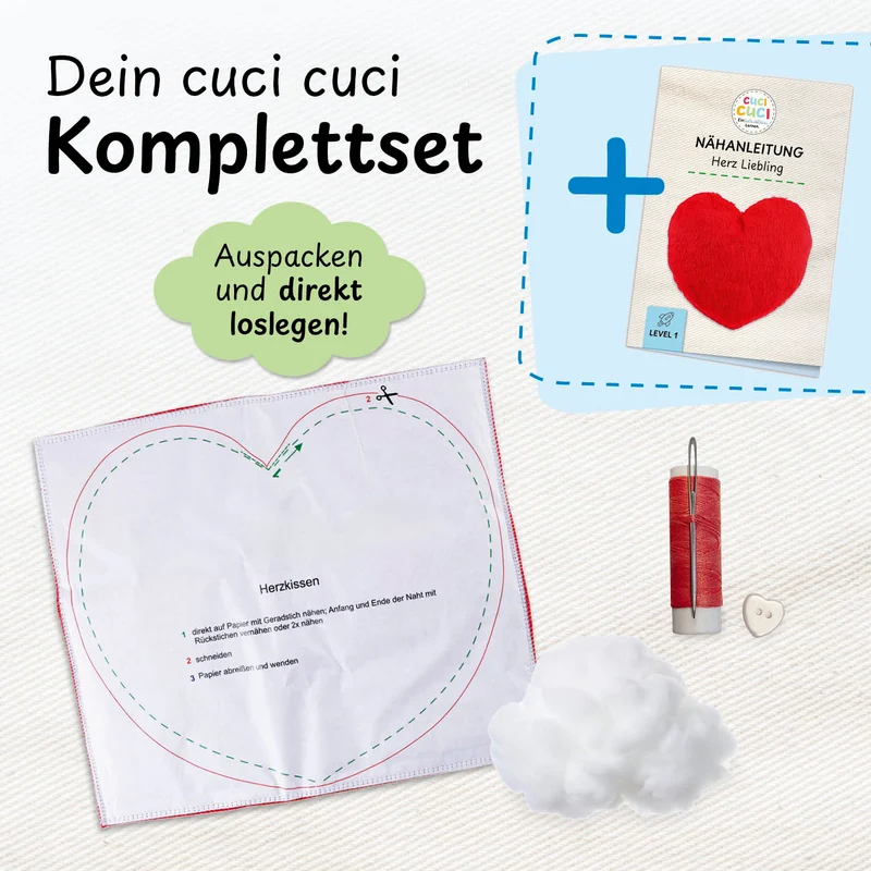 cuci cuci Näh-Baukastenset Motiv: Herz Liebling | Erste Näherfolge garantiert für Kinder ab 5 Jahren, Komplettset mit allem, was Du zum Nähen brauchst