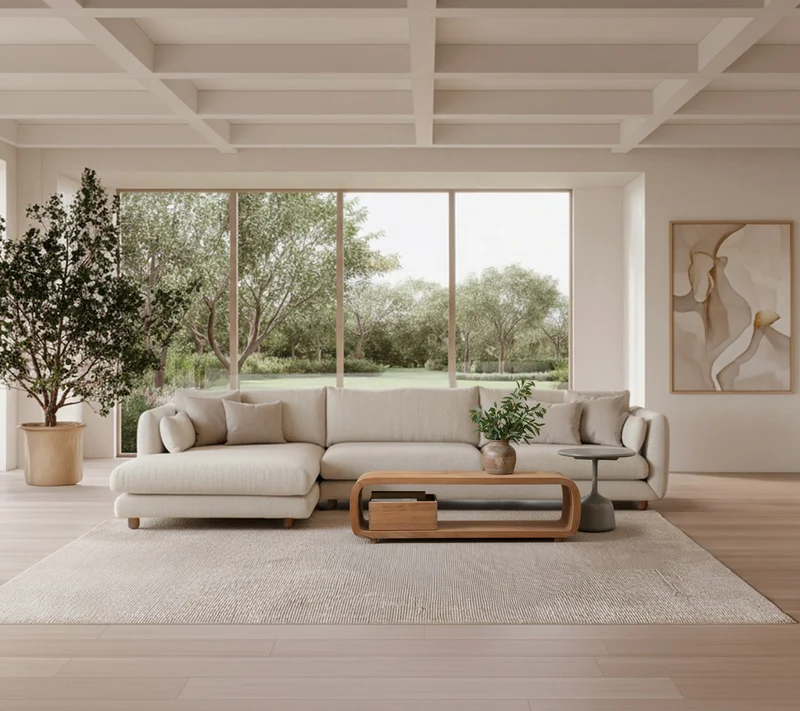 Bloom 3-seater sofa with chaise longue, right and teak legs