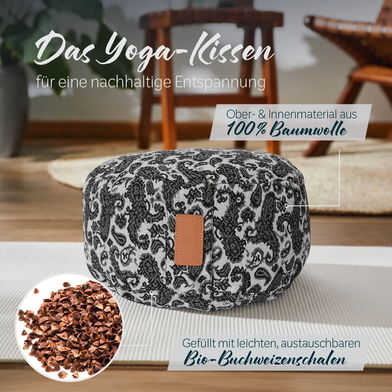 #DoYourYoga Yoga-Kissen Vishnu - gefüllt mit Bio-Buchweizenschalen - Rund 30 x 30 x 15 cm - Style 3 (Weiß-Schwarz)