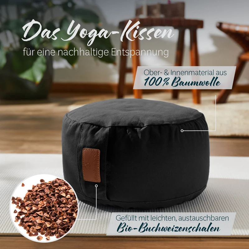 #DoYourYoga Yoga-Kissen Vishnu - gefüllt mit Bio-Buchweizenschalen - Rund 30 x 30 x 15 cm - Schwarz