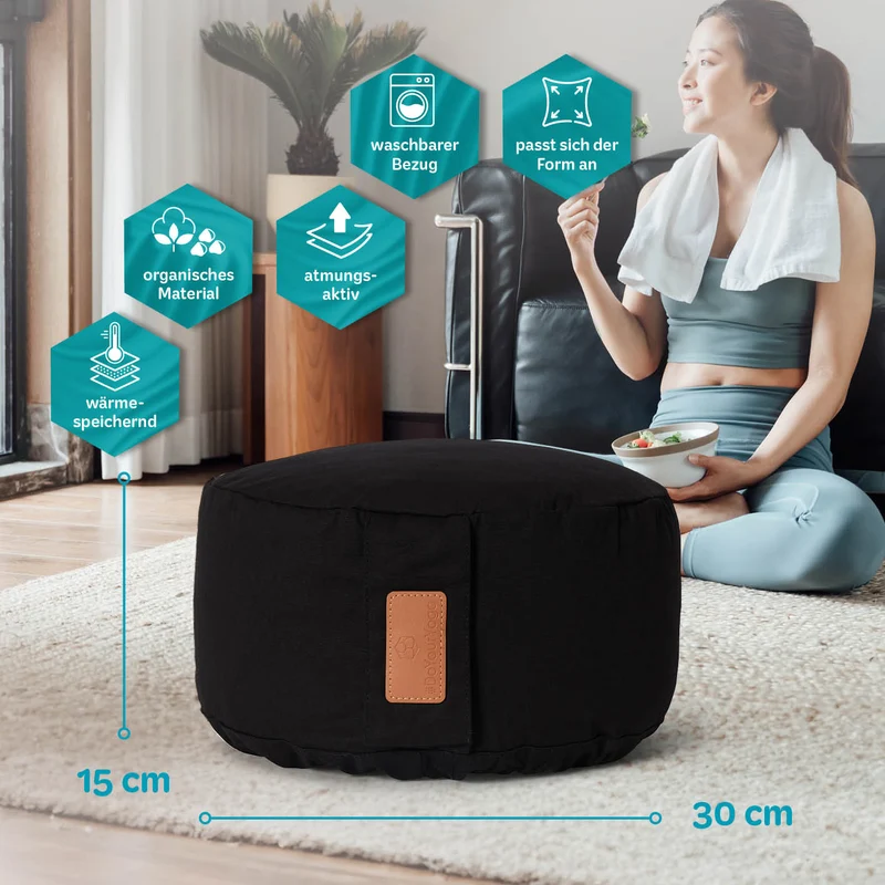 #DoYourYoga Yoga-Kissen Vishnu - gefüllt mit Bio-Buchweizenschalen - Rund 30 x 30 x 15 cm - Schwarz