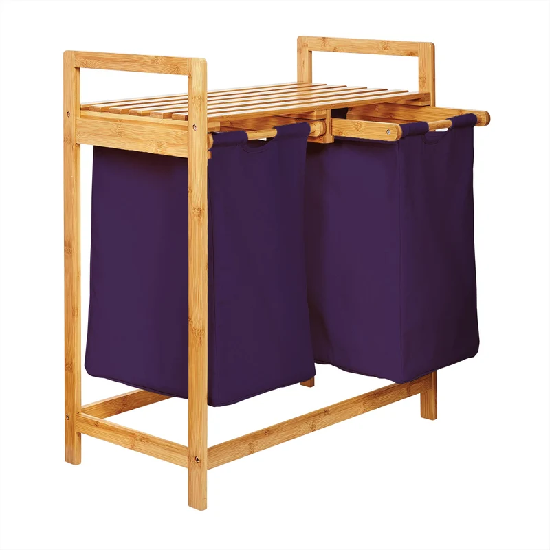 LUMALAND Bambus Wäschekorb mit 2 ausziehbaren Wäschesacken - 73 x 64 x 33 cm - Lila