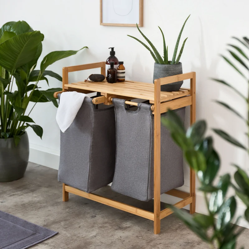 LUMALAND Bambus Wäschekorb mit 2 ausziehbaren Wäschesacken - 73 x 64 x 33 cm - Lila