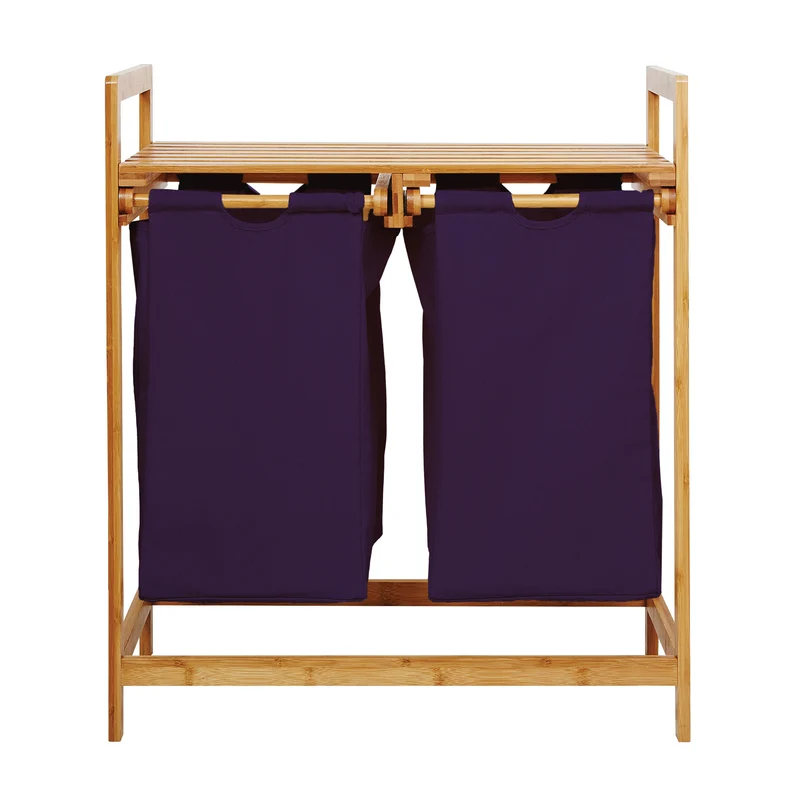 LUMALAND Bambus Wäschekorb mit 2 ausziehbaren Wäschesacken - 73 x 64 x 33 cm - Lila