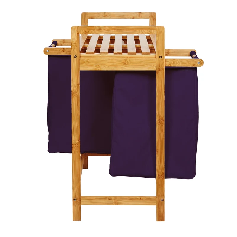 LUMALAND Bambus Wäschekorb mit 2 ausziehbaren Wäschesacken - 73 x 64 x 33 cm - Lila