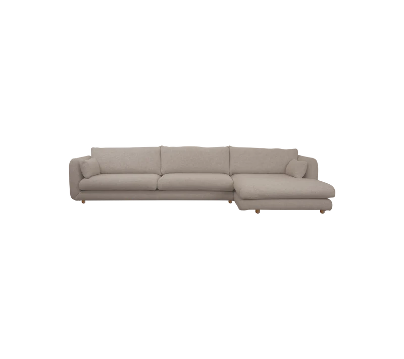 Bloom 3-seater sofa with chaise longue, left and teak legs
