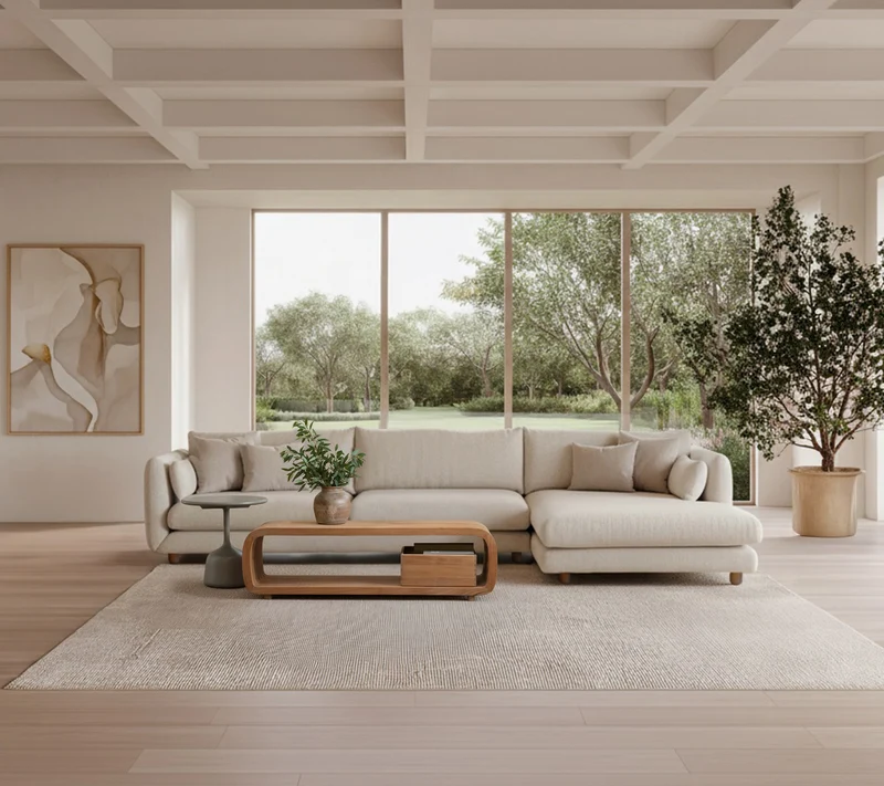 Bloom 3-seater sofa with chaise longue, left and teak legs