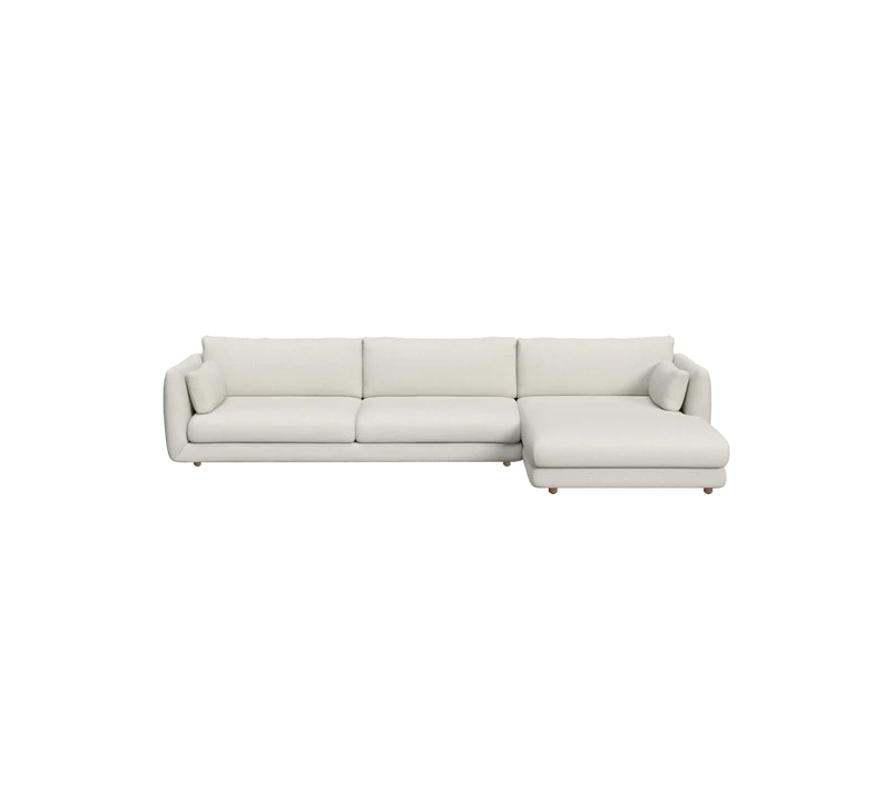 Bloom 3-seater sofa with chaise longue, left and teak legs