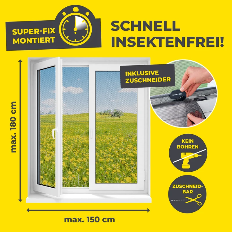 EASYmaxx Moskitonetz für Fenster mit selbstklebendem Klettband - 150 x 180 cm