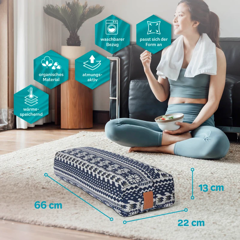 #DoYourYoga Yoga-Bolster Paravati - gefüllt mit Bio-Dinkelspelz - 67 x 22 x 13 cm - Style 1 (Blau-Weiß)
