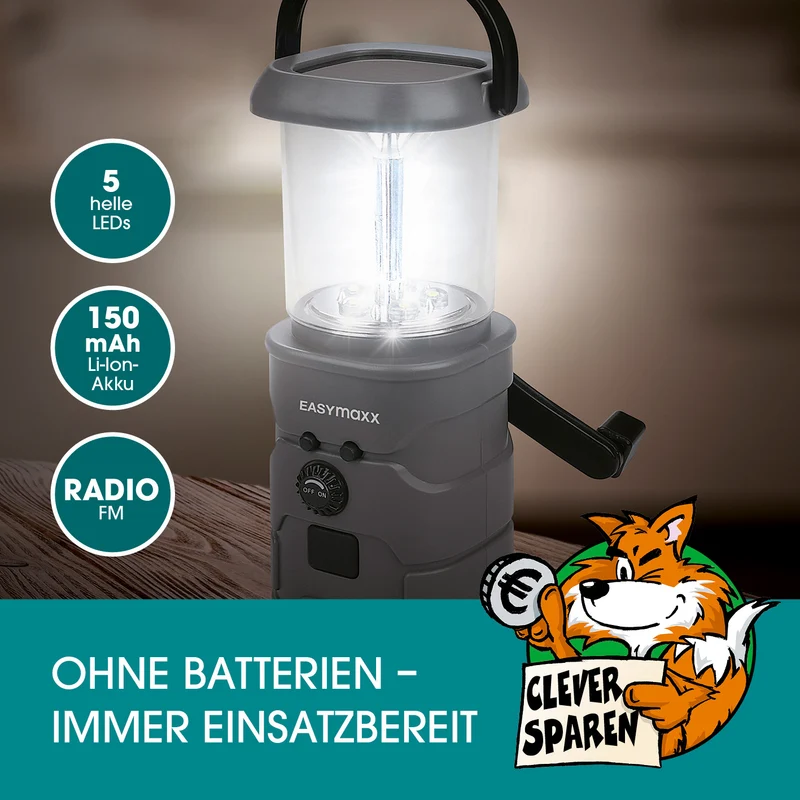 EASYmaxx Akku-Lampe mit Radio - Lädt über Solar, Kurbel und USB