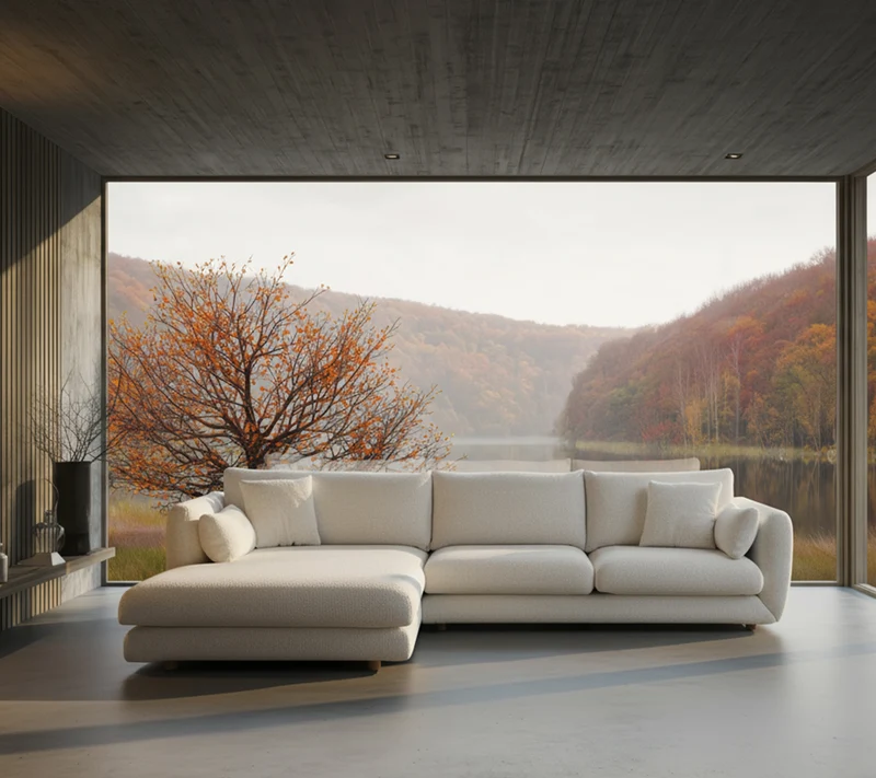 Bloom 2-seater sofa with chaise longue, right and teak legs