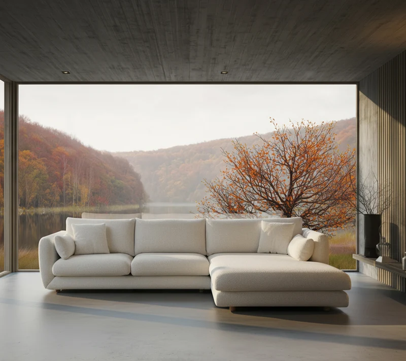 Bloom 2-seater sofa with chaise longue, left and teak legs